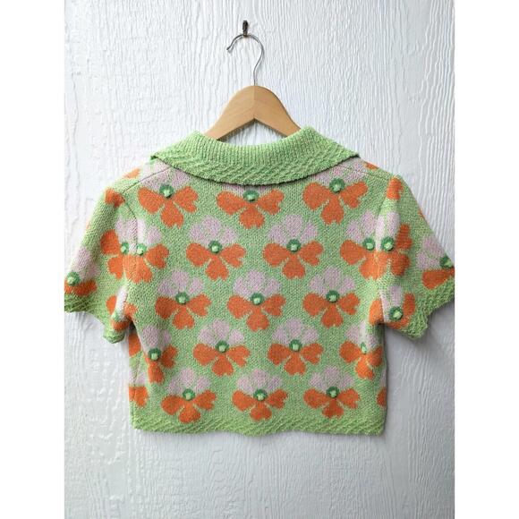 Zara Green Orange Floral Jacquard Cropped Knit Cardigan Mod Retro Size Medium - Picture 5 of 5